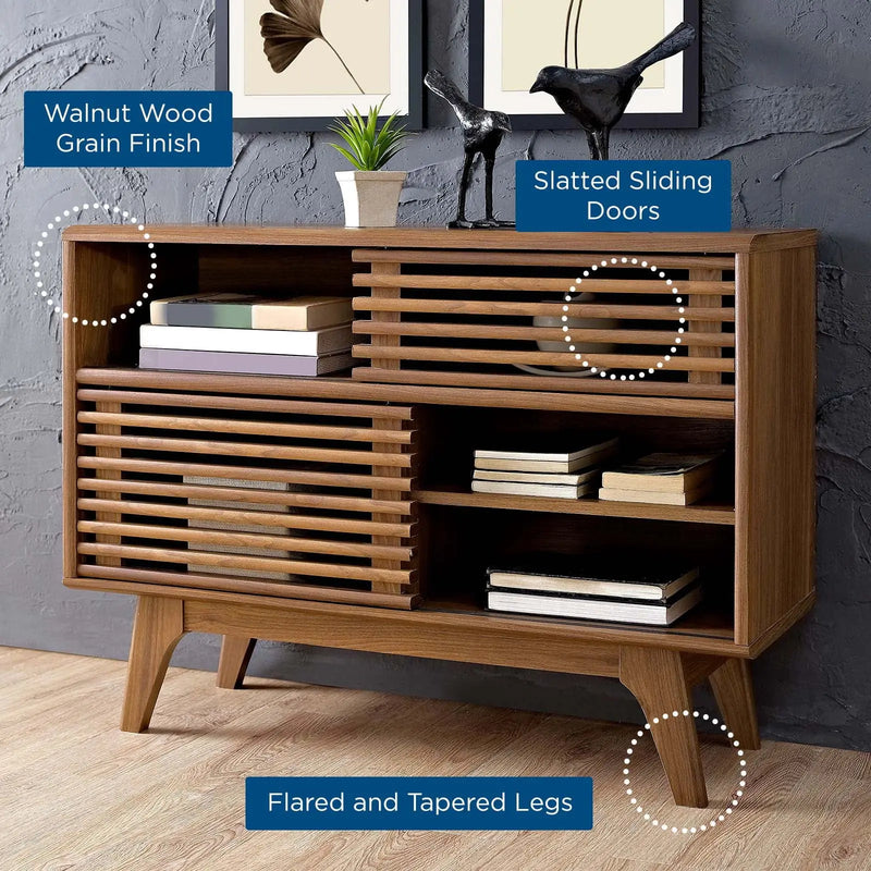 Render Modern Style Particleboard Wood Display Stand in Walnut - Puck's