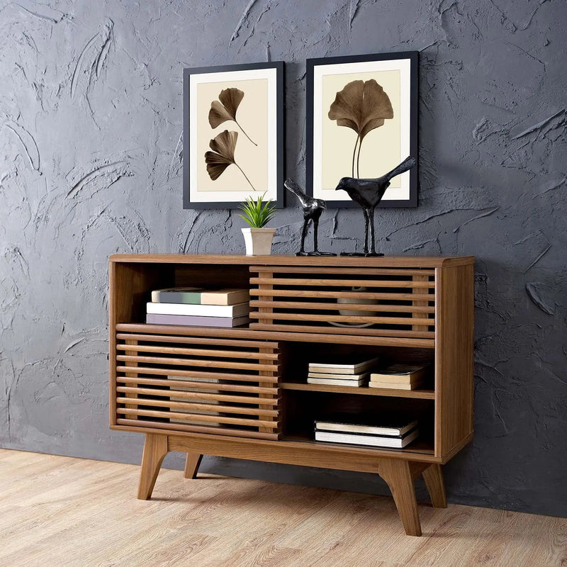 Render Modern Style Particleboard Wood Display Stand in Walnut - Puck's