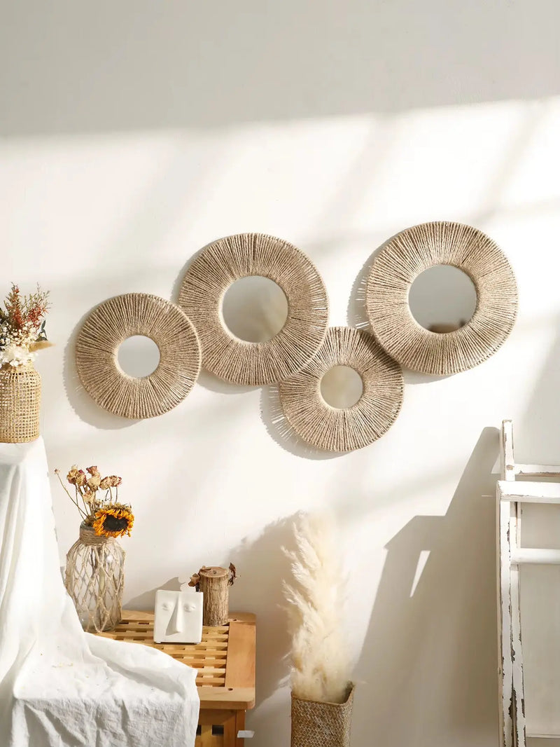 Round Wall Mirror Hanging Decorative Mirrors with Woven Hemp Rope Boho Mirrors for Bedroom Living Room Bathroom Wall Decor Gift - Puck's