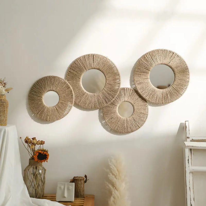 Round Wall Mirror Hanging Decorative Mirrors with Woven Hemp Rope Boho Mirrors for Bedroom Living Room Bathroom Wall Decor Gift - Puck's