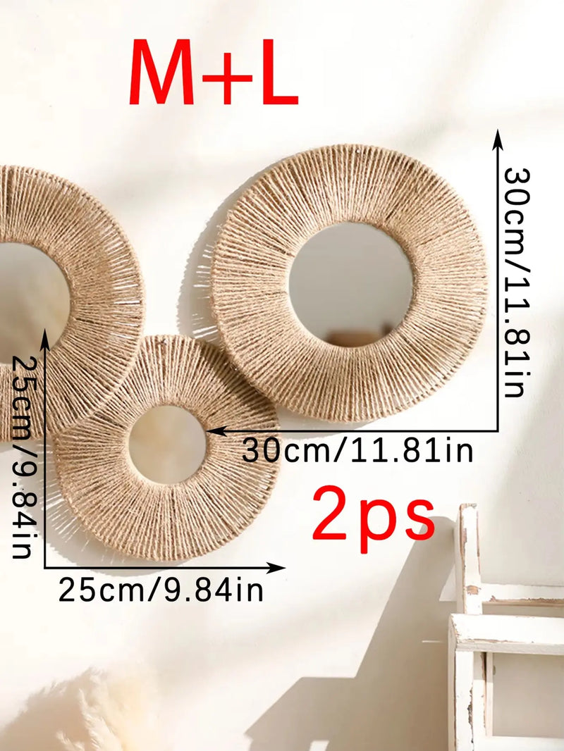 Round Wall Mirror Hanging Decorative Mirrors with Woven Hemp Rope Boho Mirrors for Bedroom Living Room Bathroom Wall Decor Gift - Puck's