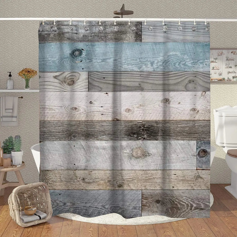 Rustic Shower Curtain,Blue Fabric Shower Curtain for Bathroom,Farmhouse Shower Curtain,Blue Grey Wood Barn Door Country Shower Curtain,60X71In - Puck's