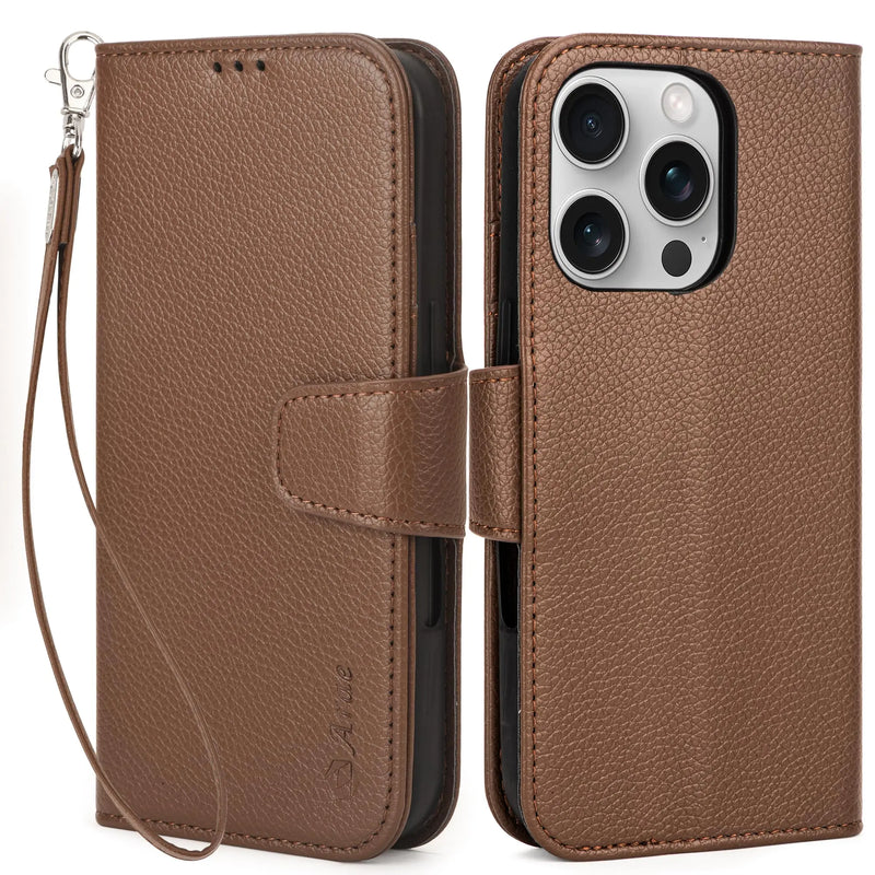 Arae Compatible with iPhone 16 Pro Case Wallet with Card Holder, Wristlet Strap Wallet Flip Cover for iPhone 16 Pro 6.3 inch Men/Women, RFID Blocking, Kickstand, Litchi Cyan - Puck's