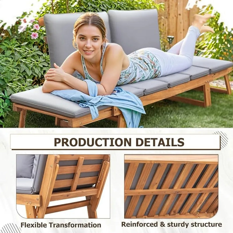 Outdoor Couch Acacia Wood Patio Couch with Adjustable Armrests,Outdoor Convertible Sofa with Removable Cushions&Pillows - Puck's