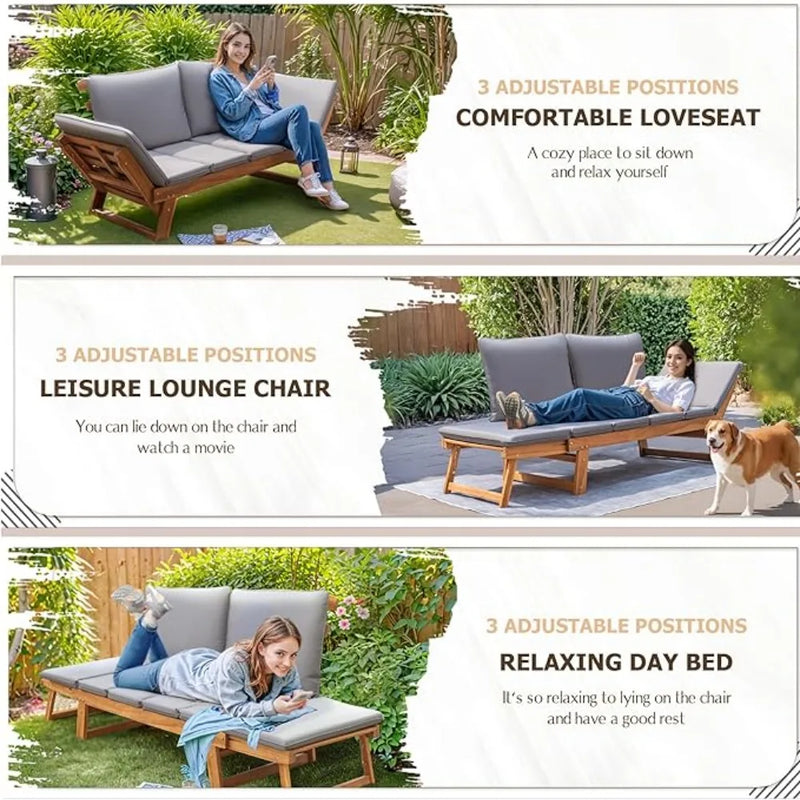 Outdoor Couch Acacia Wood Patio Couch with Adjustable Armrests,Outdoor Convertible Sofa with Removable Cushions&Pillows - Puck's