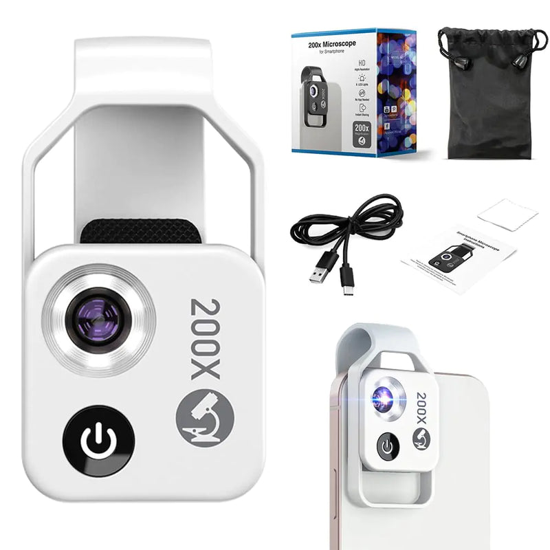 200x Magnification Zoom, 2024 New Pocket HD Phone Microscopes with LED Light Cell Phone Lens Attachments, Portable Microscopic Lens for Cell Smartphone (White) - Puck's