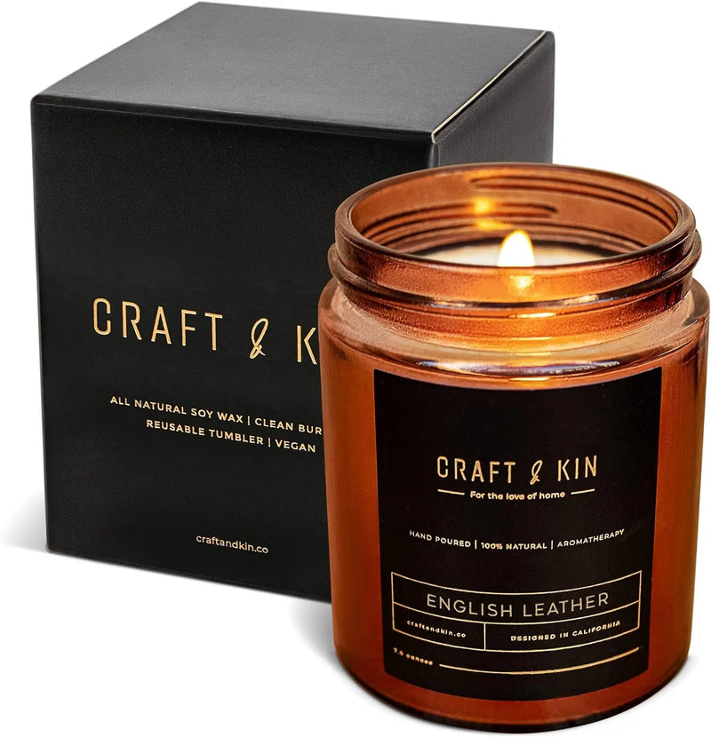 Scented Candles for Men | Premium English Leather Candle | All-Natural Scent for Home | Long Lasting with 45 Hour Burn Time, 8Oz - Puck's