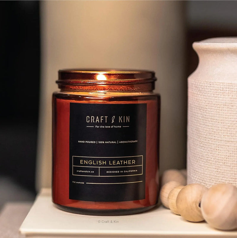 Scented Candles for Men | Premium English Leather Candle | All-Natural Scent for Home | Long Lasting with 45 Hour Burn Time, 8Oz - Puck's