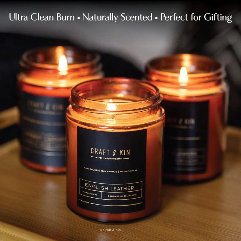 Scented Candles for Men | Premium English Leather Candle | All-Natural Scent for Home | Long Lasting with 45 Hour Burn Time, 8Oz - Puck's