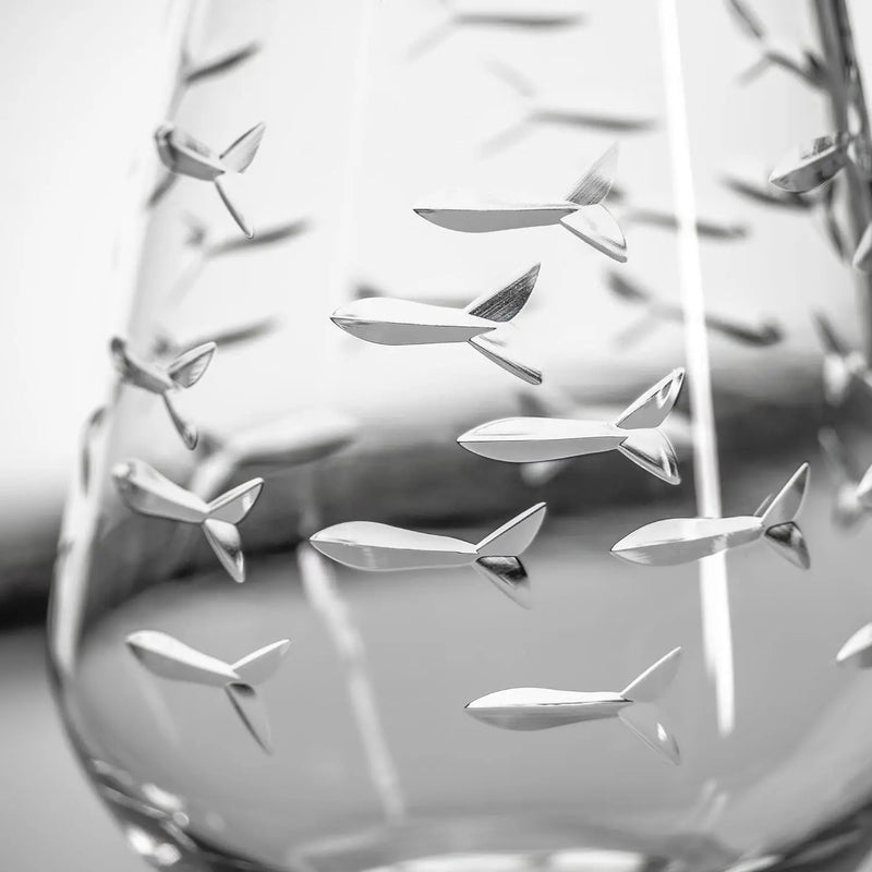 | School of Fish Stemless Tumbler | Stemless Wine Glasses 18Oz | Lead-Free Glass | Engraved and Polished in Pennsylvania | US Made (Set of 4) - Puck's