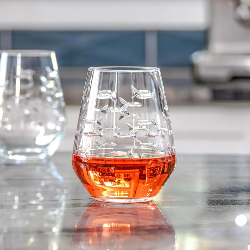 | School of Fish Stemless Tumbler | Stemless Wine Glasses 18Oz | Lead-Free Glass | Engraved and Polished in Pennsylvania | US Made (Set of 4) - Puck's