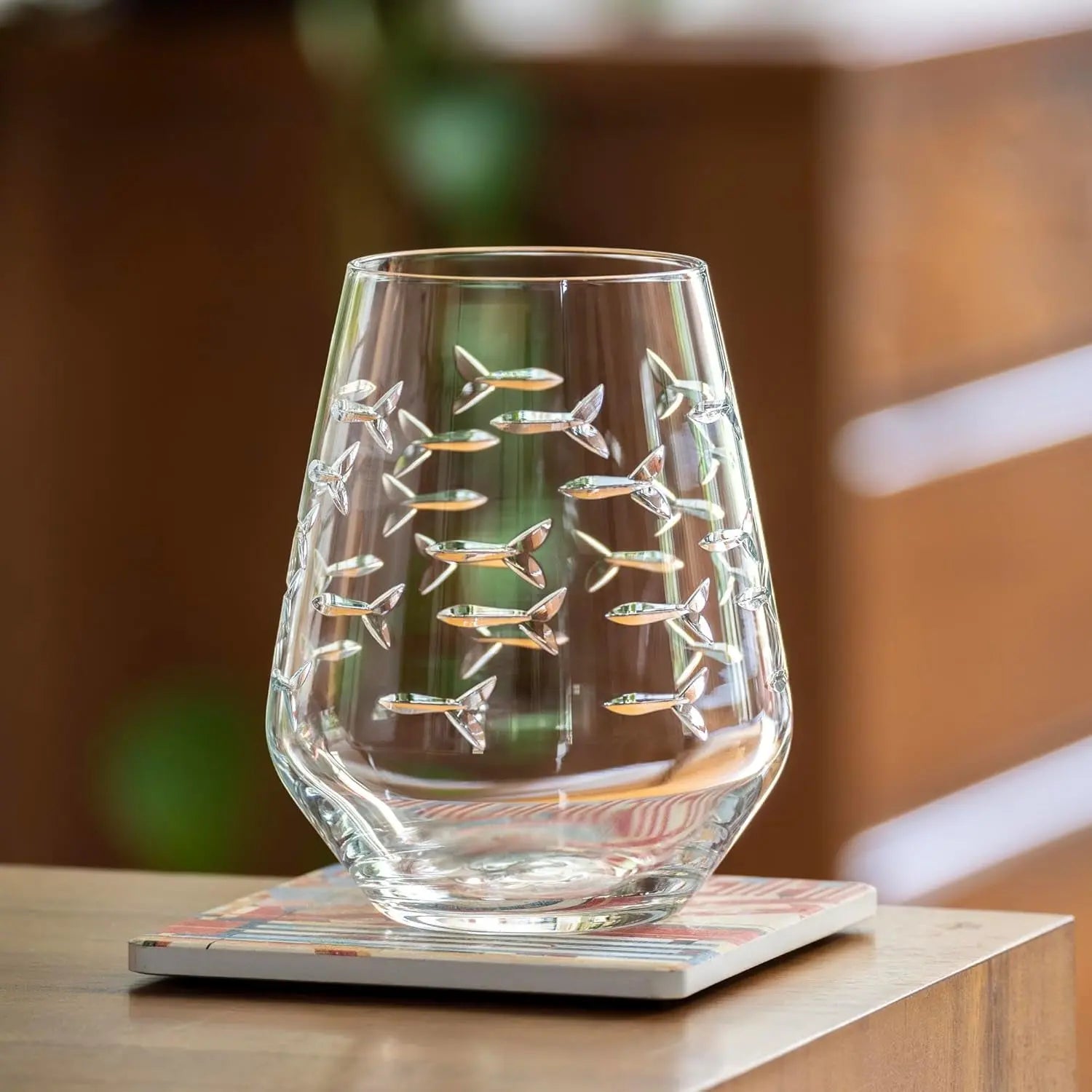 | School of Fish Stemless Tumbler | Stemless Wine Glasses 18Oz | Lead-Free Glass | Engraved and Polished in Pennsylvania | US Made (Set of 4) - Puck's