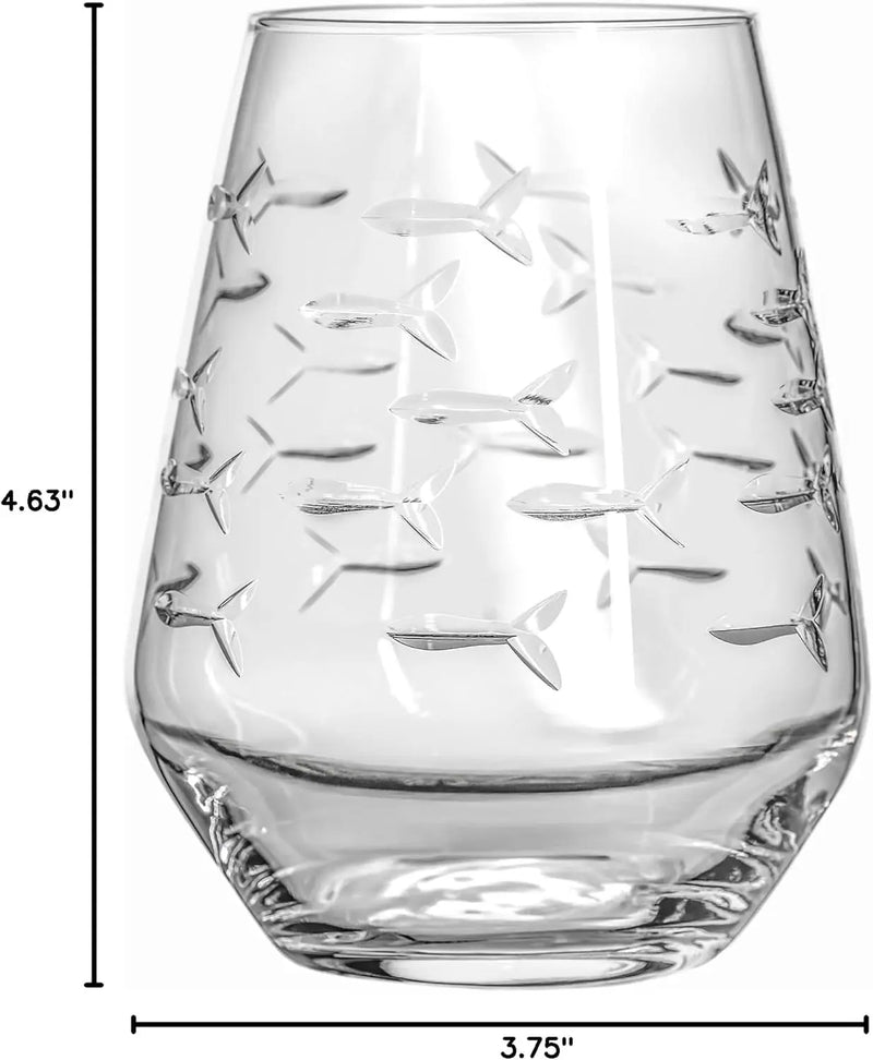 | School of Fish Stemless Tumbler | Stemless Wine Glasses 18Oz | Lead-Free Glass | Engraved and Polished in Pennsylvania | US Made (Set of 4) - Puck's