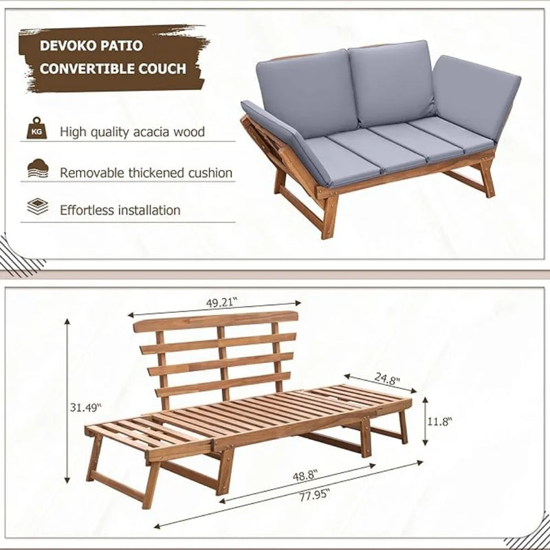 Outdoor Couch Acacia Wood Patio Couch with Adjustable Armrests,Outdoor Convertible Sofa with Removable Cushions&Pillows - Puck's