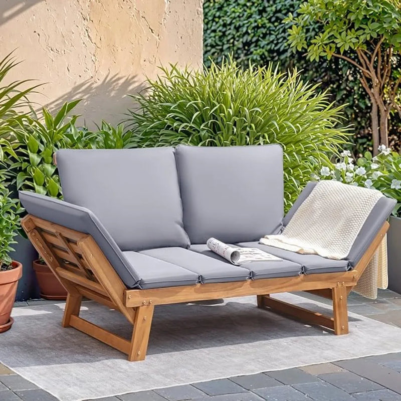 Outdoor Couch Acacia Wood Patio Couch with Adjustable Armrests,Outdoor Convertible Sofa with Removable Cushions&Pillows - Puck's