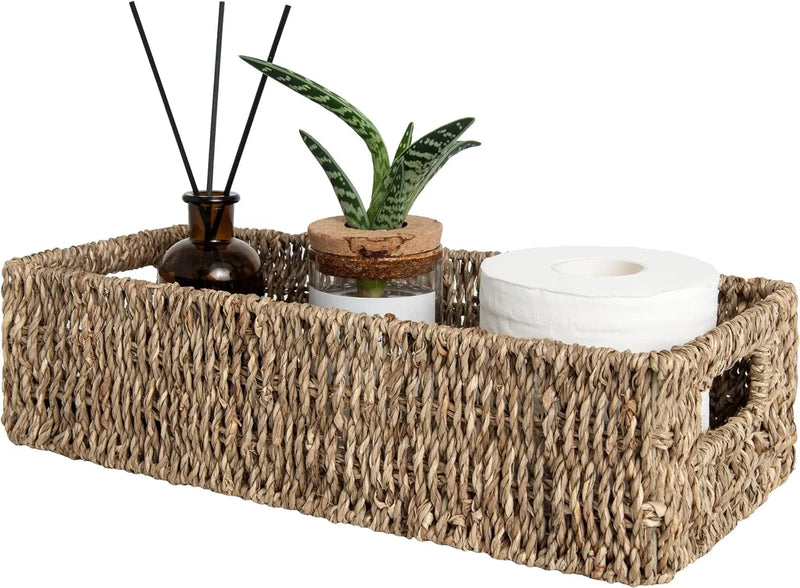 Seagrass Baskets with Built-In Handles, Bathroom Decor Box for Toilet Tank Top, 14 ¼"L X 6 ½"W X 3 ¾"H - Puck's
