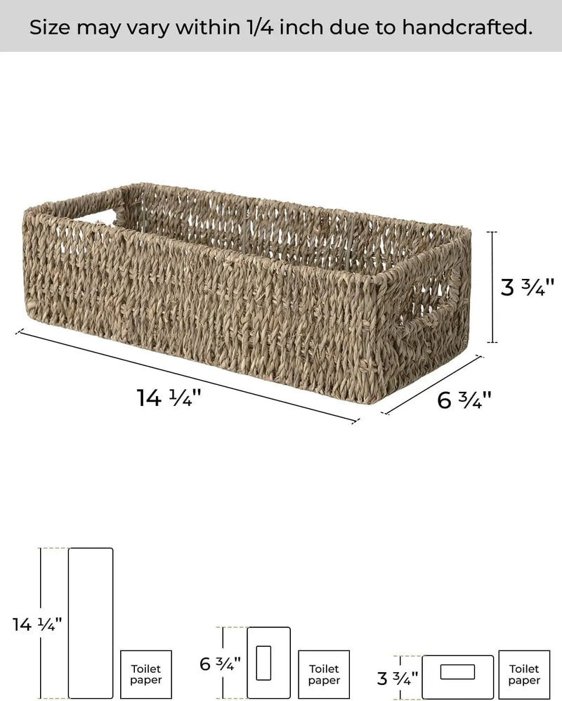 Seagrass Baskets with Built-In Handles, Bathroom Decor Box for Toilet Tank Top, 14 ¼"L X 6 ½"W X 3 ¾"H - Puck's