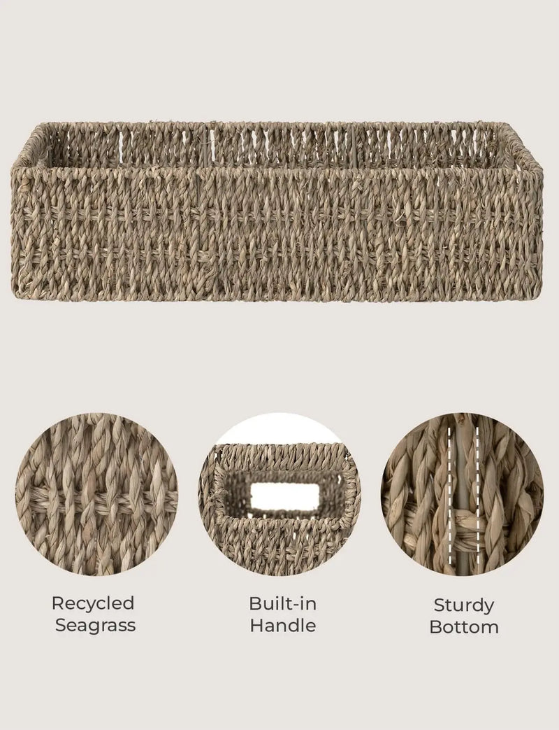 Seagrass Baskets with Built-In Handles, Bathroom Decor Box for Toilet Tank Top, 14 ¼"L X 6 ½"W X 3 ¾"H - Puck's