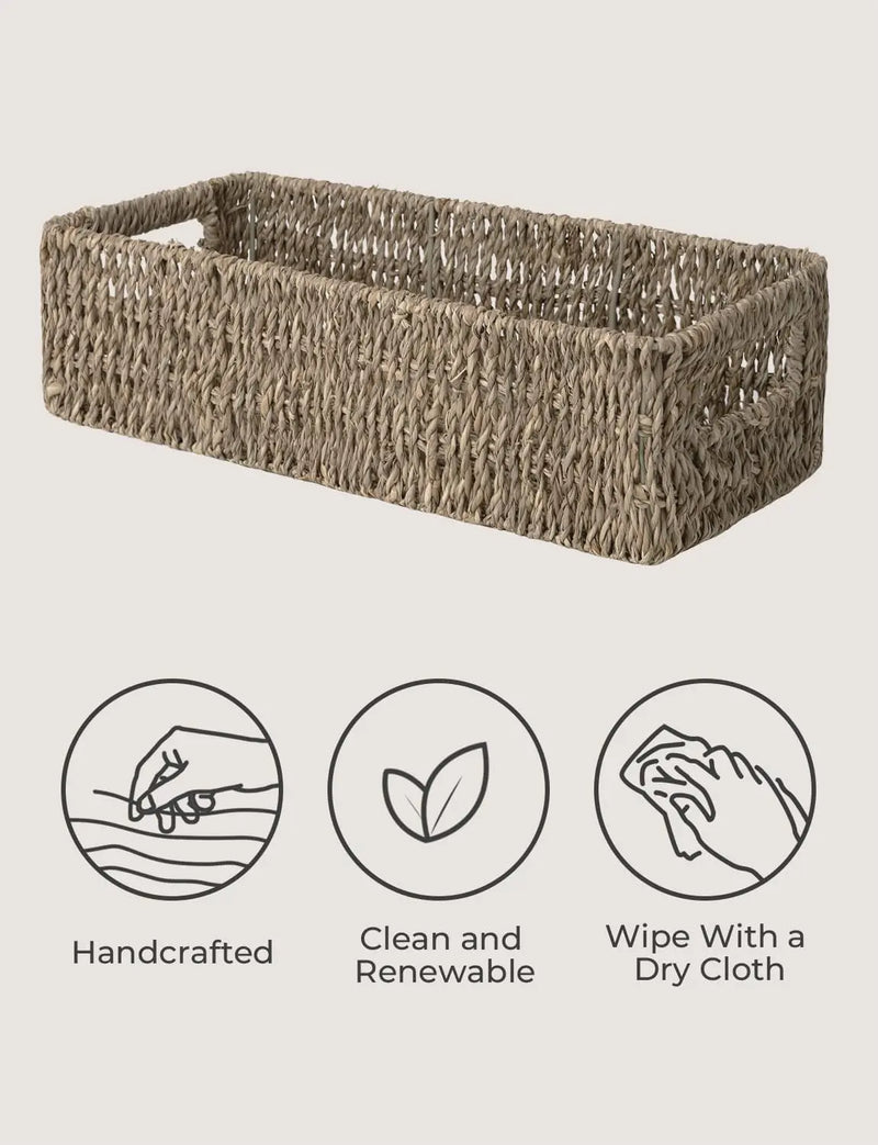 Seagrass Baskets with Built-In Handles, Bathroom Decor Box for Toilet Tank Top, 14 ¼"L X 6 ½"W X 3 ¾"H - Puck's