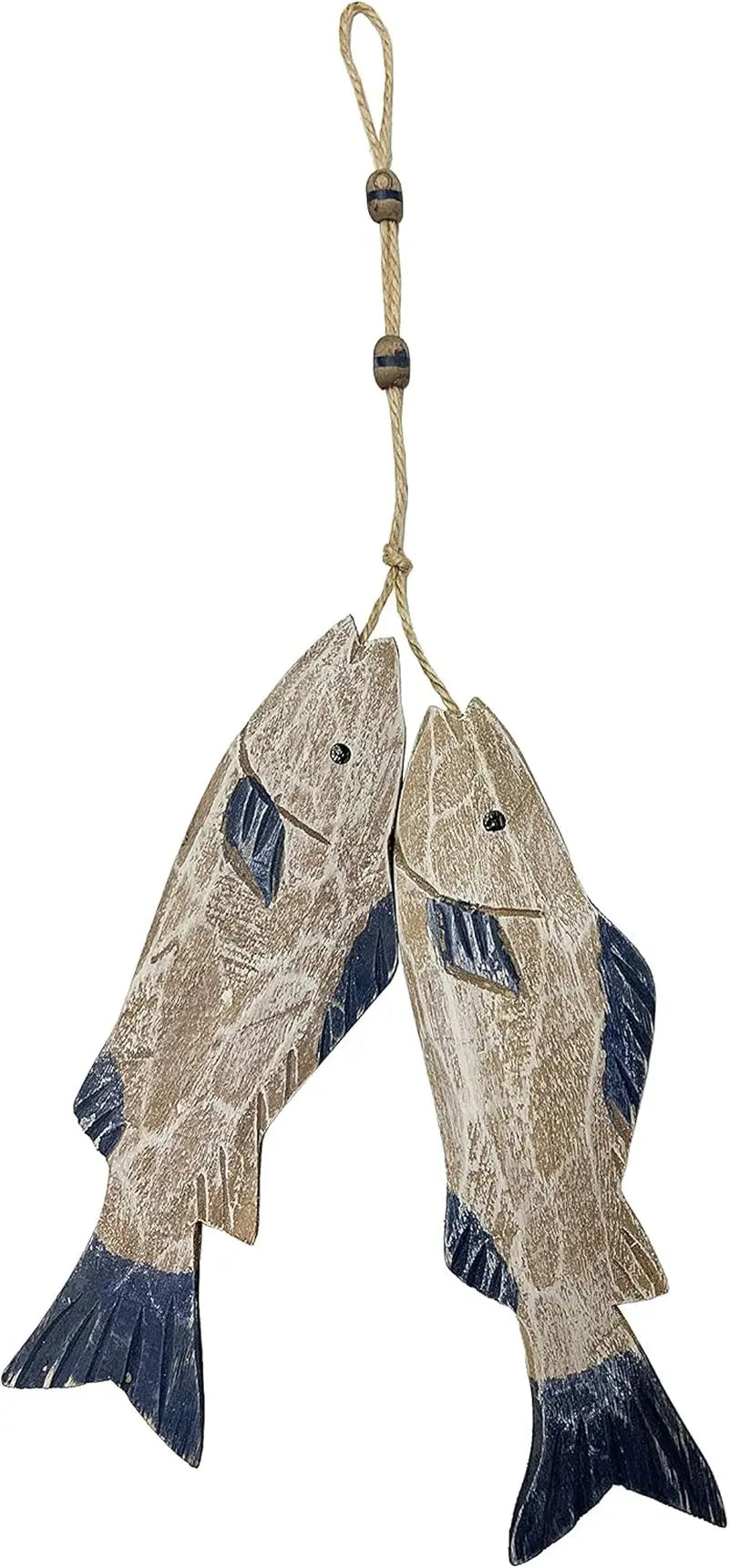 Set of 2 Hanging Nautical Wooden Fish Wall Sculpture 10''H Hand Carved Nautical Decorated Mediterranean Style Rustic Wood Fishing Beach Themed Wall Decor - Puck's
