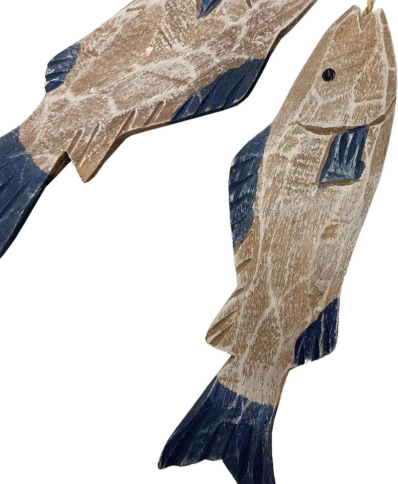 Set of 2 Hanging Nautical Wooden Fish Wall Sculpture 10''H Hand Carved Nautical Decorated Mediterranean Style Rustic Wood Fishing Beach Themed Wall Decor - Puck's