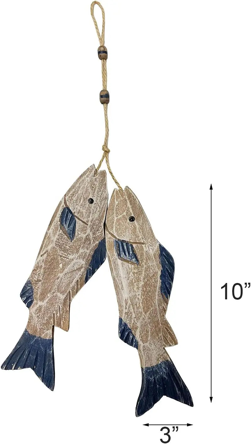 Set of 2 Hanging Nautical Wooden Fish Wall Sculpture 10''H Hand Carved Nautical Decorated Mediterranean Style Rustic Wood Fishing Beach Themed Wall Decor - Puck's