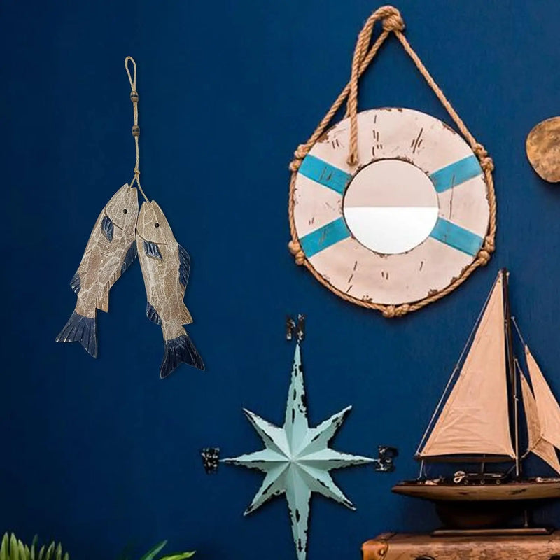 Set of 2 Hanging Nautical Wooden Fish Wall Sculpture 10''H Hand Carved Nautical Decorated Mediterranean Style Rustic Wood Fishing Beach Themed Wall Decor - Puck's