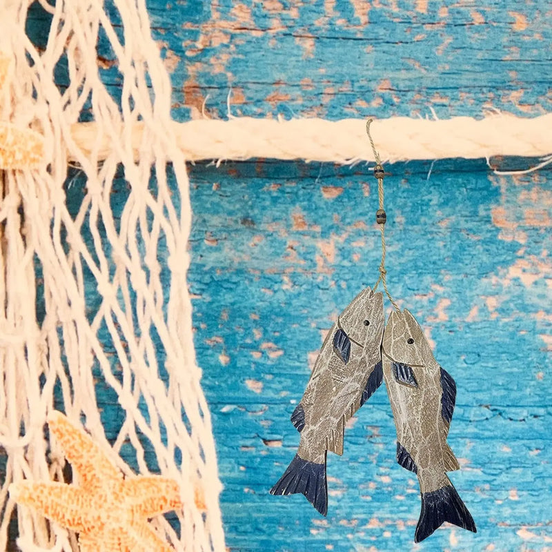Set of 2 Hanging Nautical Wooden Fish Wall Sculpture 10''H Hand Carved Nautical Decorated Mediterranean Style Rustic Wood Fishing Beach Themed Wall Decor - Puck's