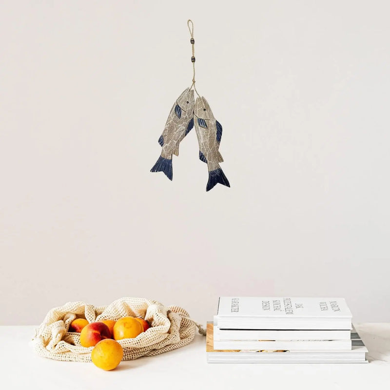 Set of 2 Hanging Nautical Wooden Fish Wall Sculpture 10''H Hand Carved Nautical Decorated Mediterranean Style Rustic Wood Fishing Beach Themed Wall Decor - Puck's
