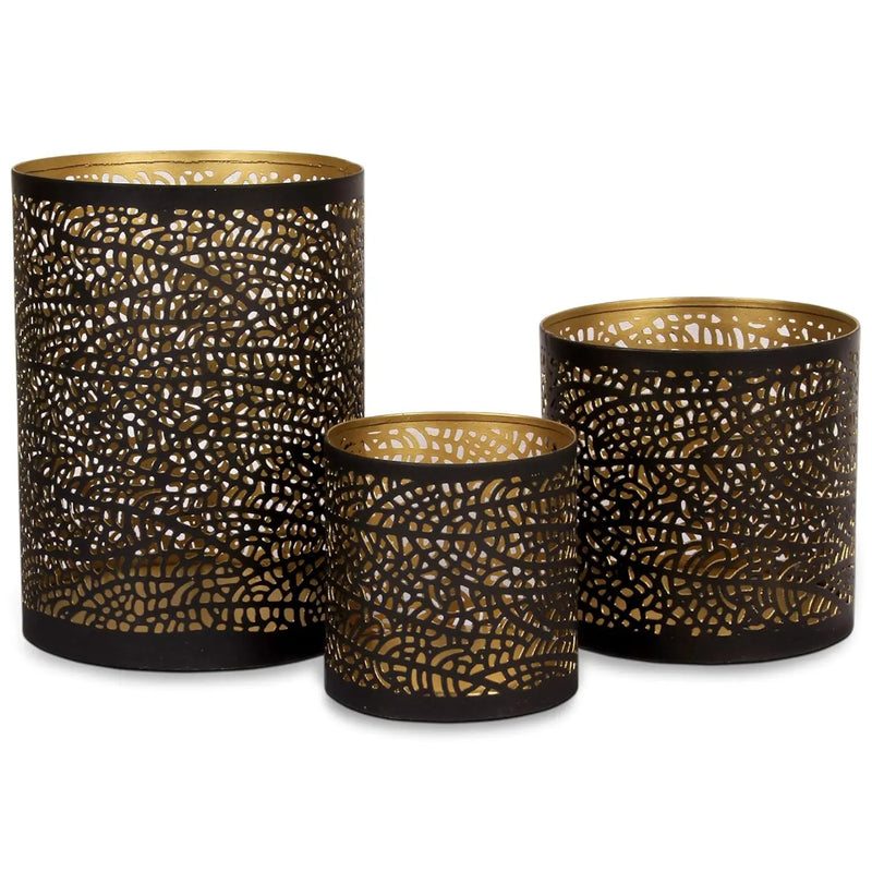 Set of 3 Black and Gold Metal Decorative Hurricane Candle Holders - Puck's