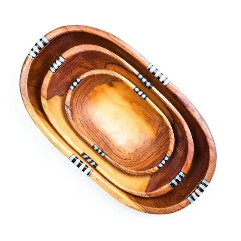 Set of 3 Oval Wooden African Salad / fruit Bowls with Batik Bone - Puck's