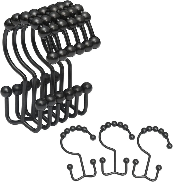 Shower Curtain Rings,  Shower Curtain Hooks, Rust-Resistant Metal Black Shower Curtain Rings, Double Shower Curtain Hooks for Bathroom Shower Curtain & Shower Liner, Set of 12, Black - Puck's