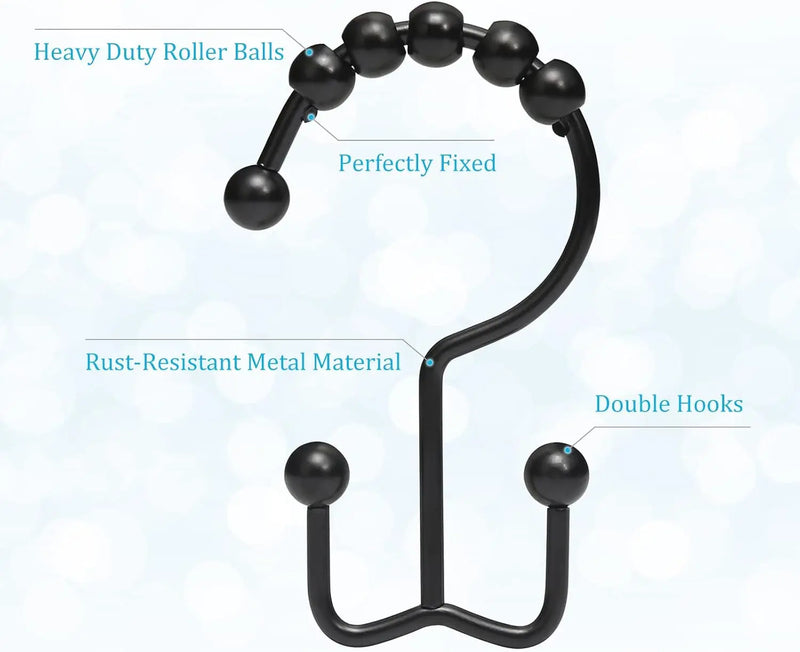 Shower Curtain Rings,  Shower Curtain Hooks, Rust-Resistant Metal Black Shower Curtain Rings, Double Shower Curtain Hooks for Bathroom Shower Curtain & Shower Liner, Set of 12, Black - Puck's