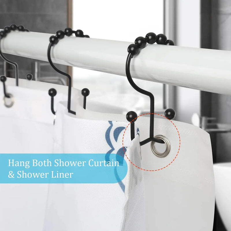 Shower Curtain Rings,  Shower Curtain Hooks, Rust-Resistant Metal Black Shower Curtain Rings, Double Shower Curtain Hooks for Bathroom Shower Curtain & Shower Liner, Set of 12, Black - Puck's