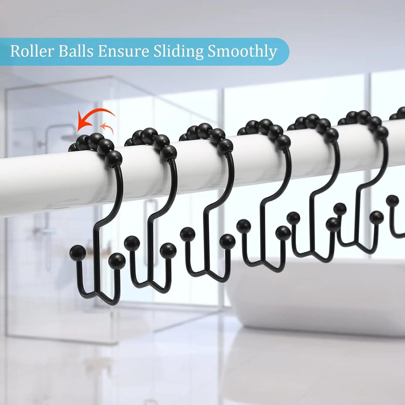 Shower Curtain Rings,  Shower Curtain Hooks, Rust-Resistant Metal Black Shower Curtain Rings, Double Shower Curtain Hooks for Bathroom Shower Curtain & Shower Liner, Set of 12, Black - Puck's