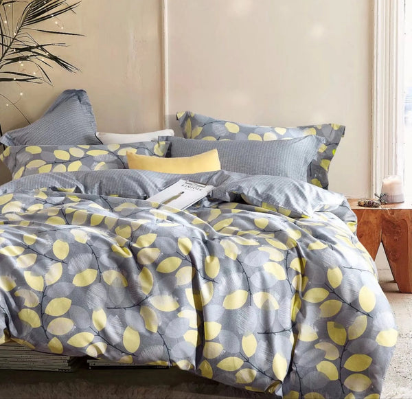 Sistes Gray/Yellow Floral 100% Cotton Reversible Comforter Set - Puck's