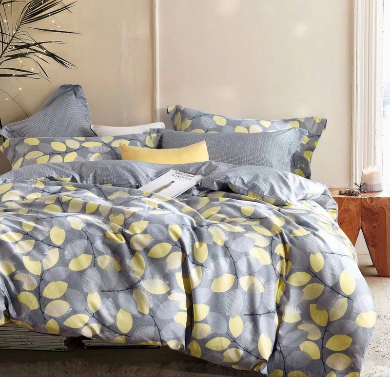 Sistes Gray/Yellow Floral 100% Cotton Reversible Comforter Set - Puck's