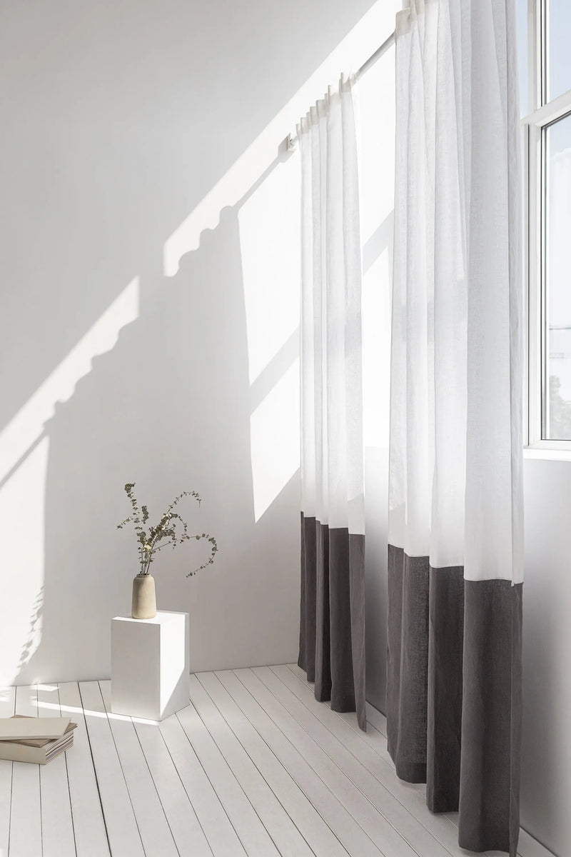 Snow White and Grey linen curtains with tape, two tones - Puck's
