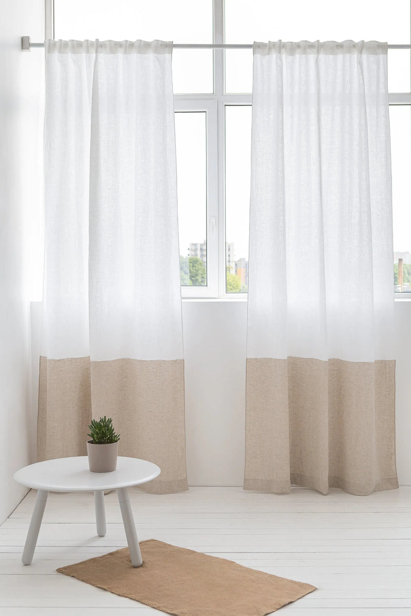 Snow White and Natural Light linen curtains with tape, two tones - Puck's
