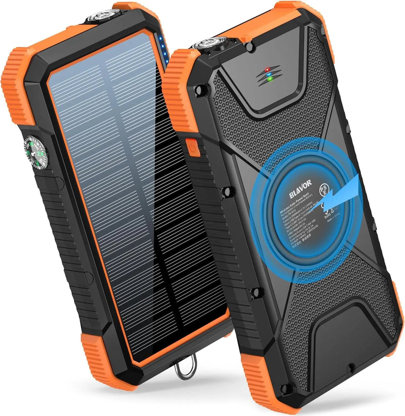 Solar Power Bank, PD18W QC3.0 Fast Charging 10W Wireless Charger 20000Mah Solar Powered Powerbank with Type C Input/Output, IPX5 Waterproof, Camping Flashlight, Compass, Carabiner - Puck's