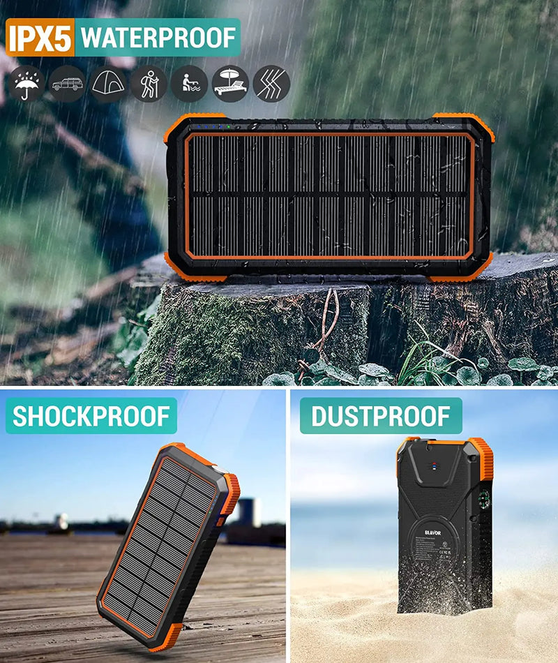 Solar Power Bank, PD18W QC3.0 Fast Charging 10W Wireless Charger 20000Mah Solar Powered Powerbank with Type C Input/Output, IPX5 Waterproof, Camping Flashlight, Compass, Carabiner - Puck's