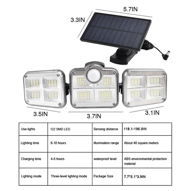 Solar Sensor Light 122 LED 3Head Outdoor Spotlight with 3 Modes - Puck's