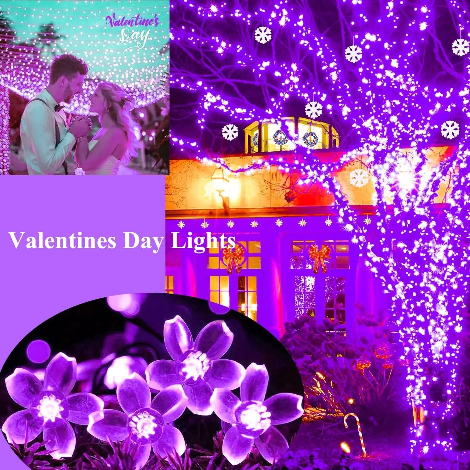 String Lights, Purple Lights Valentines Day Decorations Flower String Lights 33 Feet 100LED 8 Modes Wedding Party Indoor Outdoor Flower Lights Bedroom Birthday Room Decor (Purple) - Puck's