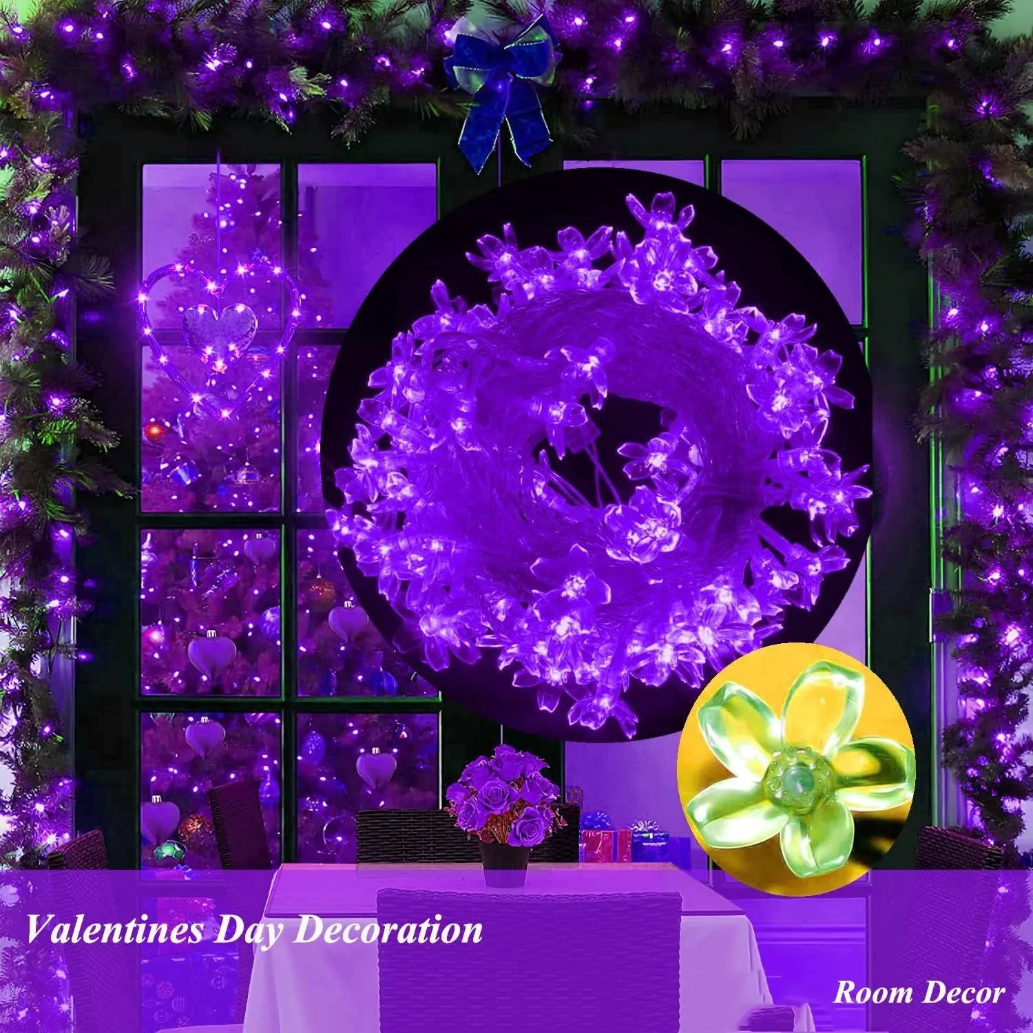 String Lights, Purple Lights Valentines Day Decorations Flower String Lights 33 Feet 100LED 8 Modes Wedding Party Indoor Outdoor Flower Lights Bedroom Birthday Room Decor (Purple) - Puck's