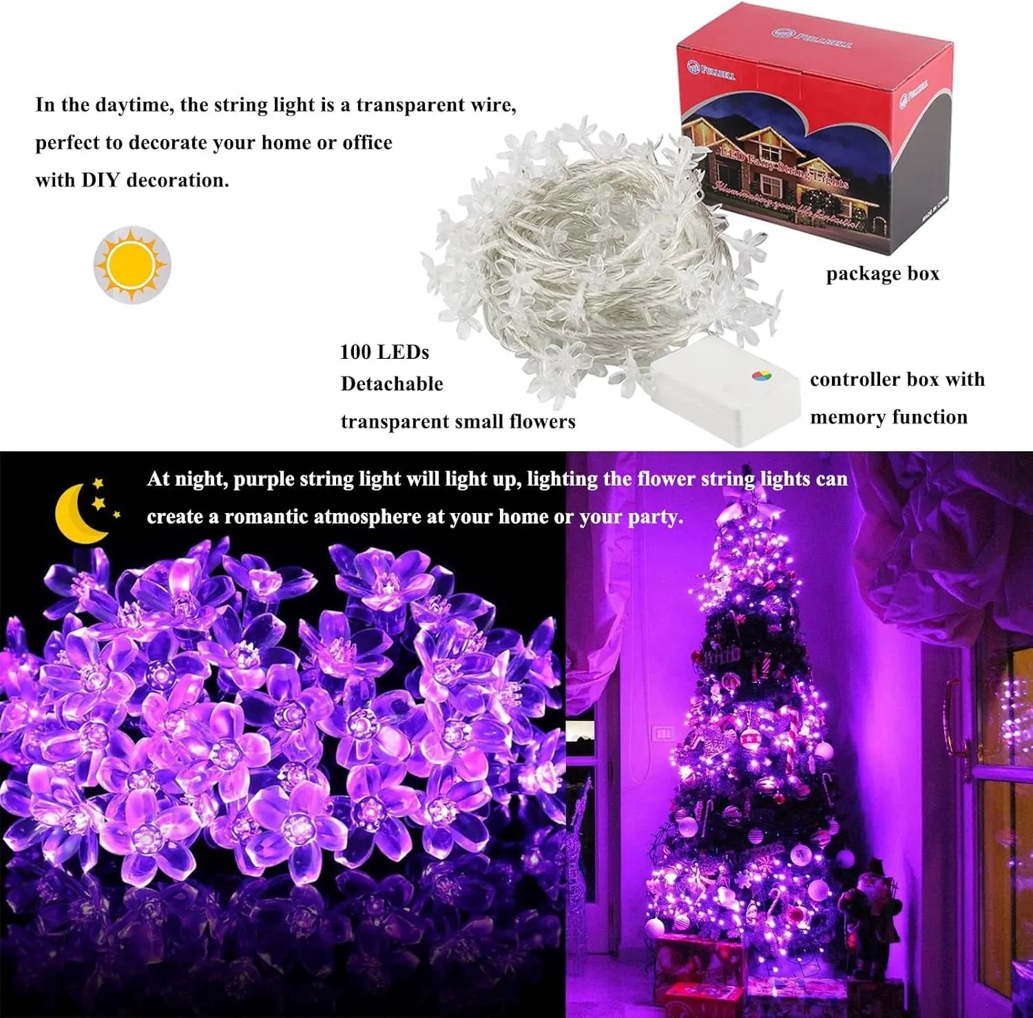 String Lights, Purple Lights Valentines Day Decorations Flower String Lights 33 Feet 100LED 8 Modes Wedding Party Indoor Outdoor Flower Lights Bedroom Birthday Room Decor (Purple) - Puck's