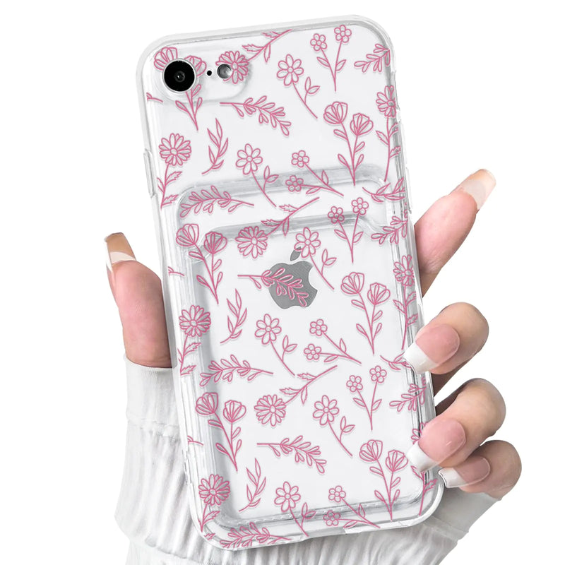 NITITOP Compatible with iPhone 7/8 / SE Case Clear with Card Holder Cute Flower Floral Leave Pattern for Women Girl Soft TPU Shock-Absorbing Wallet Case Protective Phone Cover - Black - Puck's