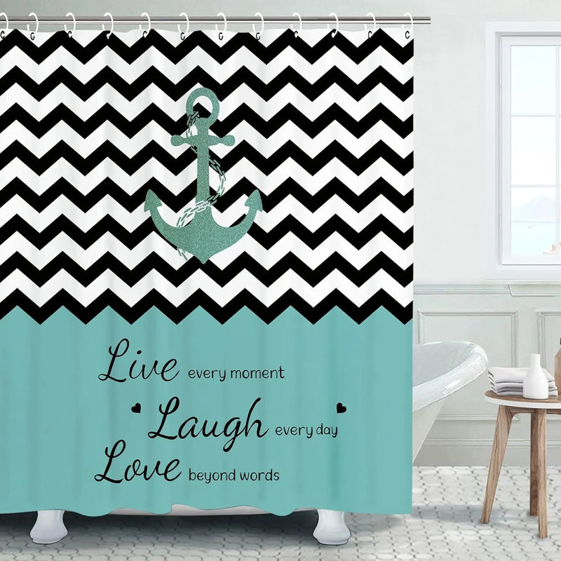 Teal Shower Curtain, Nautical Shower Curtain, Shower Curtain Teal, Striped Shower Curtain, Anchor Shower Curtain, Chevron Bathroom Curtain with Hooks, 72X72 Inches - Puck's