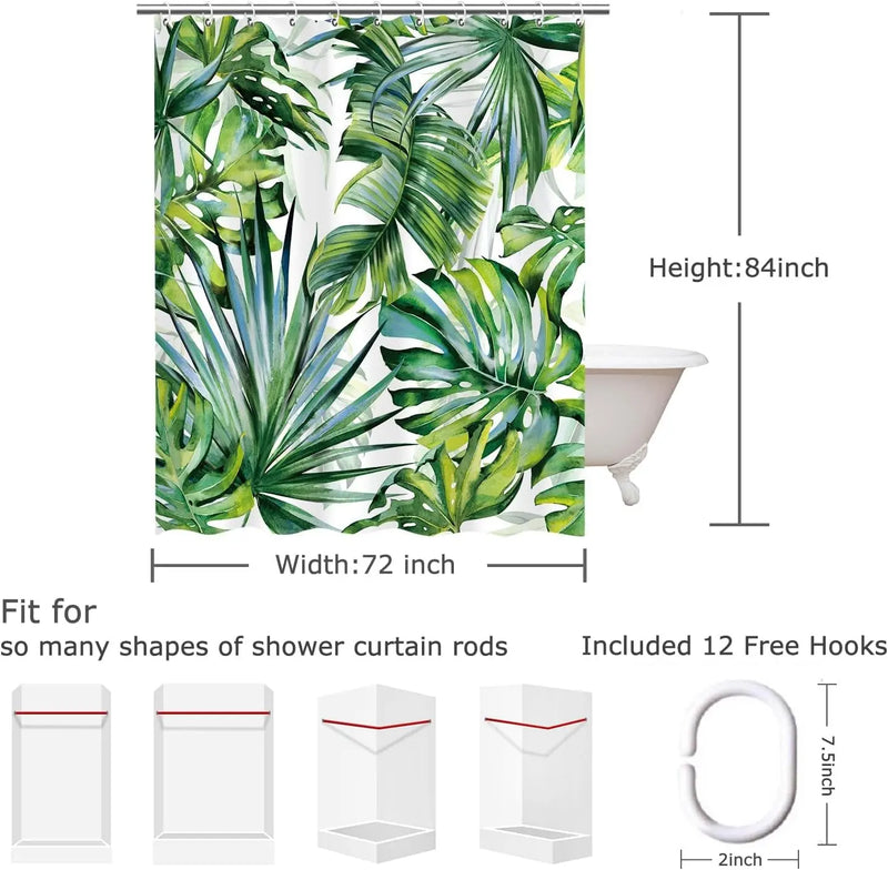 Tropical Shower Curtain, Green Shower Curtain, Plant Shower Curtain, Leaf Shower Curtain, Botanical Shower Curtain Set with 12 Hooks, Jungle Shower Curtain for Bathroom Curtain Decor, 72"X84" - Puck's