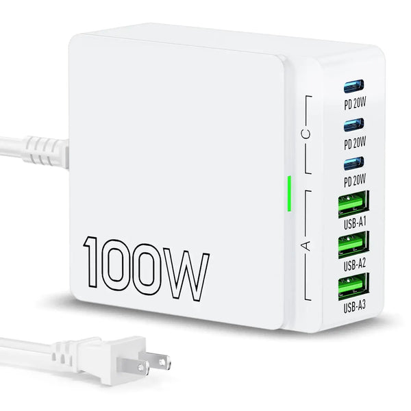 USB C Charger Block Charging Station: 100W 6 Port GaN Fast Charging Brick Hub Cube Box - PD 3.0 Type C & USB A Wall Charger Power Adapter for All iPhone iPad Samsung Android Pixel Series - Puck's