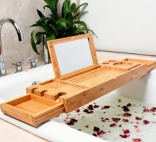 Wooden Bathroom Tray Stretchable Reading Rack Tablet Computer Stand Storage Box - Puck's